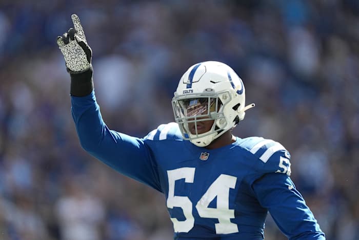 Indianapolis Colts defensive end Dayo Odeyingbo (54) reacts after sacking Tennessee Titans quarterback Ryan Tannehill (17) on Sunday, Oct. 2, 2022, during a game against the Tennessee Titans at Lucas Oil Stadium in Indianapolis.